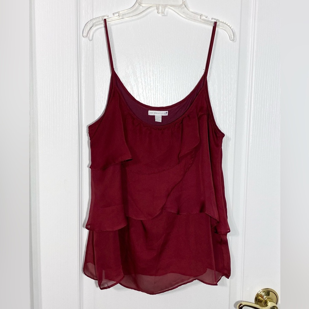 Y2K VTG NY&CO Tiered Ruffle Front Camisole Blouse Burgundy Size Large